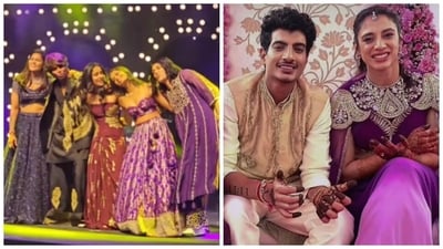 Shreyanka Patil, Jemimah Rodrigues, Arundhati Reddy, Yastika Bhatia, and Radha Yadav perform at Smriti Mandhana's mehndi ceremony. Shreyanka Patil, Jemimah Rodrigues, Arundhati Reddy, Yastika Bhatia, and Radha Yadav perform at Smriti Mandhana's mehndi ceremony.