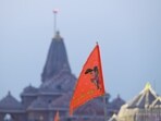 Ram Temple decked up on the eve of the flag hoisting ceremony by Prime MInister Narendra Modi in Ayodhya, Uttar Pradesh. (Photo by Deepak Gupta Hindustan Times)