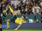 Nassr's Portuguese forward #07 Cristiano Ronaldo (R) kicks the ball to score his team's fourth goal Nassr's Portuguese forward #07 Cristiano Ronaldo (R) kicks the ball to score his team's fourth goal