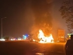 The vehicles that caught fire after the collision near Chaheru village of Phagwara on the Jalandhar-Ludhiana national highway early on Monday.
