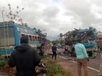 Screengrab of a video showing the two mangled buses in Tamil Nadu's Tenkasi district Screengrab of a video showing the two mangled buses in Tamil Nadu's Tenkasi district