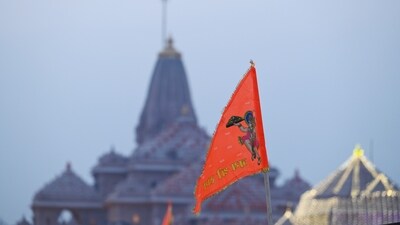 Ram Temple decked up on the eve of the flag hoisting ceremony by Prime MInister Narendra Modi in Ayodhya, Uttar Pradesh. (Photo by Deepak Gupta Hindustan Times)