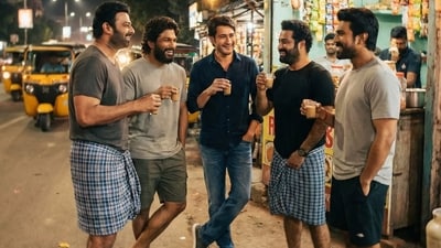 Doing the rounds on social media is a picture of Prabhas, Allu Arjun, Mahesh Babu, Jr NTR and Ram Charan ‘hanging out’ at a chai baddi (shop). (Instagram: SuryaTeja Kandukuri/thebackpackerboy) Doing the rounds on social media is a picture of Prabhas, Allu Arjun, Mahesh Babu, Jr NTR and Ram Charan ‘hanging out’ at a chai baddi (shop). (Instagram: SuryaTeja Kandukuri/thebackpackerboy)