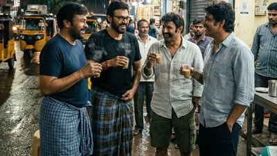 These visuals, that also feature Chiranjeevi, Venkatesh, Balakrishna and Nagarjuna sharing a laugh, have been imagined by an AI artist. (Instagram: SuryaTeja Kandukuri/thebackpackerboy) These visuals, that also feature Chiranjeevi, Venkatesh, Balakrishna and Nagarjuna sharing a laugh, have been imagined by an AI artist. (Instagram: SuryaTeja Kandukuri/thebackpackerboy)