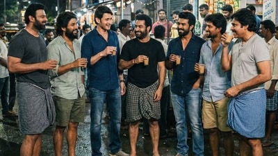 One picture also shows Nani and Pawan Kalyan joining the other Tollywood stars for a ‘garam chai’ while dressed in casuals. (Instagram: SuryaTeja Kandukuri/thebackpackerboy) One picture also shows Nani and Pawan Kalyan joining the other Tollywood stars for a ‘garam chai’ while dressed in casuals. (Instagram: SuryaTeja Kandukuri/thebackpackerboy)