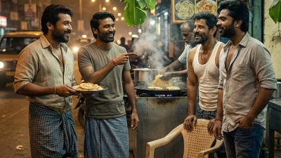 They also created a picture of Suriya, Dhanush, Vikram and Silambarasan TR hanging out at an idli kadai (idli shop). (Instagram: HooHoo/hoohoocreations80) They also created a picture of Suriya, Dhanush, Vikram and Silambarasan TR hanging out at an idli kadai (idli shop). (Instagram: HooHoo/hoohoocreations80)