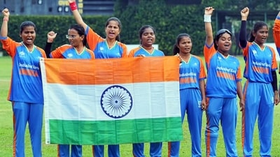 Indian Women’s Blind Cricket Team players pose for a picture with National flag after winning the first T20 Blind Women's Cricket World Cup, in Colombo on Sunday. (ANI)