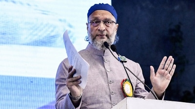 AIMIM Chief and Hyderabad MP Asaduddin Owaisi at a public gathering in Hyderabad on Sunday. (ANI)