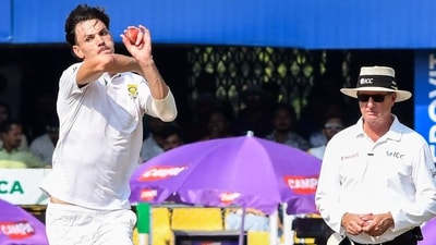 South Africa's Marco Jansen bowls during the third day of the second test match against India at ACA Stadium, in Guwahati on Monday (Pitamber Newar ) South Africa's Marco Jansen bowls during the third day of the second test match against India at ACA Stadium, in Guwahati on Monday (Pitamber Newar )