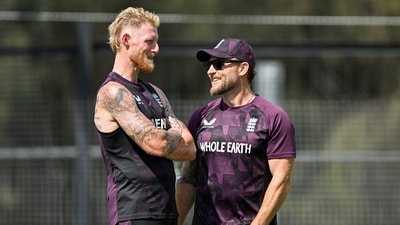 Ben Stokes talks to Brendon McCullum during a practice session at Perth Stadium in Perth. (AFP) Ben Stokes talks to Brendon McCullum during a practice session at Perth Stadium in Perth. (AFP)