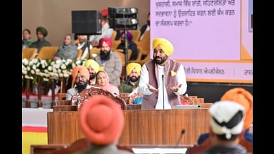 Chief minister Bhagwant Mann during the special Punjab Vidhan Sabha session at Anandpur Sahib on Monday. (Ravi Kumar/HT)