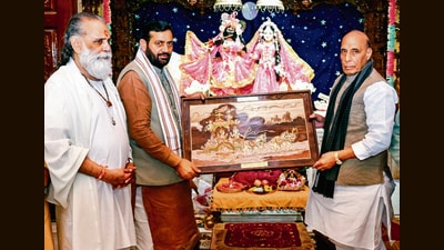 Defence minister Rajnath Singh with Haryana chief minister Nayab Singh Saini and Swami Gyananand Maharaj at Geeta Gyan Sansthanam during his visit to Kurukshetra on Monday. (@NayabSainiBJP) Defence minister Rajnath Singh with Haryana chief minister Nayab Singh Saini and Swami Gyananand Maharaj at Geeta Gyan Sansthanam during his visit to Kurukshetra on Monday. (@NayabSainiBJP)