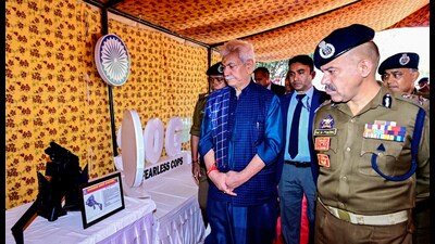 Jammu and Kashmir LG Manoj Sinha during visit to the Commando Training Centre of J&K Police at Sunjwan, in Jammu on Monday. (ANI)