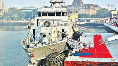 Mumbai, India - Nov. 24, 2025: The Indian Navy commissioned INS Mahe, the first of the Mahe-class anti-submarine warfare shallow water craft in the presence of Army chief Upendra Dwivedi at Naval dockyard in Mumbai, India, on Monday, November 24, 2025. (Photo by Anshuman Poyrekar/Hindustan Times) (Anshuman Poyrekar/HT Photo) Mumbai, India - Nov. 24, 2025: The Indian Navy commissioned INS Mahe, the first of the Mahe-class anti-submarine warfare shallow water craft in the presence of Army chief Upendra Dwivedi at Naval dockyard in Mumbai, India, on Monday, November 24, 2025. (Photo by Anshuman Poyrekar/Hindustan Times) (Anshuman Poyrekar/HT Photo)