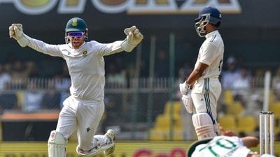 South African players celebrate after the wicket of India's Yashasvi Jaiswal during day three of the second Test cricket match between India and South Africa (PTI) South African players celebrate after the wicket of India's Yashasvi Jaiswal during day three of the second Test cricket match between India and South Africa (PTI)