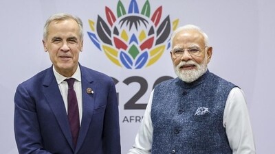 Prime Minister Narendra Modi during a meeting with his Canadian counterpart Mark Carney on the sidelines of the G20 Leaders' Summit in Johannesburg, South Africa. (PMO) Prime Minister Narendra Modi during a meeting with his Canadian counterpart Mark Carney on the sidelines of the G20 Leaders' Summit in Johannesburg, South Africa. (PMO)