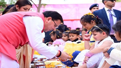 Uttarakhand chief minister Pushkar Singh Dhami participates in a ceremony with young children during the five-day religious and social event at Jeevandeep Ashram in Roorkee. Uttarakhand chief minister Pushkar Singh Dhami participates in a ceremony with young children during the five-day religious and social event at Jeevandeep Ashram in Roorkee.
