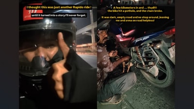 A Bengaluru woman’s late-night journey turned memorable when a Rapido rider fixed a broken chain and ensured she reached home safely at 1 am. (Instagram/ashamane_) A Bengaluru woman’s late-night journey turned memorable when a Rapido rider fixed a broken chain and ensured she reached home safely at 1 am. (Instagram/ashamane_)