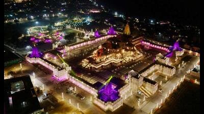Shri Ram Janmabhoomi Mandir illuminated in radiant light on the eve of the Dhwajarohan Utsav, in Ayodhya on Monday. (@myogiadityanath X/ANI Photo)