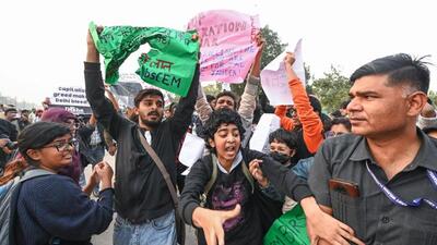 Some demonstrators allegedly used pepper spray on police personnel. (ANI photo) Some demonstrators allegedly used pepper spray on police personnel. (ANI photo)