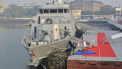 The Indian Navy commissioned INS Mahe, the first of the Mahe-class anti-submarine shallow water craft, in the presence of Army chief General Upendra Dwivedi at the naval dockyard in Mumbai on Monday. (Anshuman Poyrekar/HT Photo)