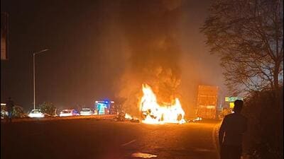 The vehicles that caught fire after the collision near Chaheru village of Phagwara on the Jalandhar-Ludhiana national highway early on Monday.