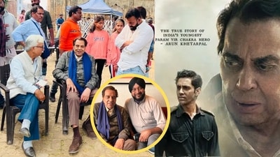Dharmendra with director Sriram Raghavan during the shoot of Ikkis in Lucknow in 2023; (inset) with film's local line-producer Aroon Singh Dicky and (right) the poster of the upcoming film Dharmendra with director Sriram Raghavan during the shoot of Ikkis in Lucknow in 2023; (inset) with film's local line-producer Aroon Singh Dicky and (right) the poster of the upcoming film