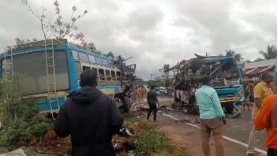 Screengrab of a video showing the two mangled buses in Tamil Nadu's Tenkasi district (PTI) Screengrab of a video showing the two mangled buses in Tamil Nadu's Tenkasi district (PTI)