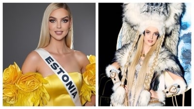 Brigitta Schaback in the paegent wearing the Miss Estonia sash and donning a wolf-inspired outfit for the costume round. (Picture credit: Instagram/@brigittaschaback) Brigitta Schaback in the paegent wearing the Miss Estonia sash and donning a wolf-inspired outfit for the costume round. (Picture credit: Instagram/@brigittaschaback)