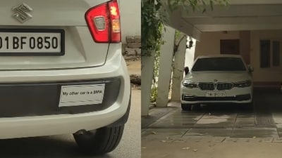 A Tamil Nadu man went viral after his Maruti Ignis displayed a funny sticker saying his other car is a BMW. (Instagram/rajeshtravels3110) A Tamil Nadu man went viral after his Maruti Ignis displayed a funny sticker saying his other car is a BMW. (Instagram/rajeshtravels3110)