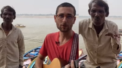 A foreign traveller played guitar at an Indian ghat as a local man joined with a joyful dance. (Instagram/ommmlucas) A foreign traveller played guitar at an Indian ghat as a local man joined with a joyful dance. (Instagram/ommmlucas)