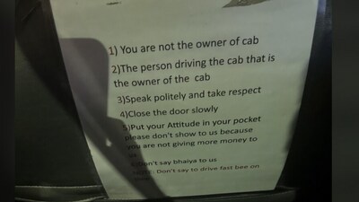 A Bengaluru commuter shared a cab signboard listing strict passenger rules. (Reddit/CluelessFounder_) A Bengaluru commuter shared a cab signboard listing strict passenger rules. (Reddit/CluelessFounder_)