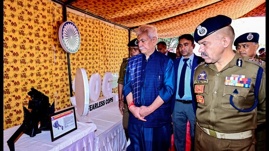 Jammu and Kashmir LG Manoj Sinha during visit to the Commando Training Centre of J&K Police at Sunjwan, in Jammu on Monday. (ANI)