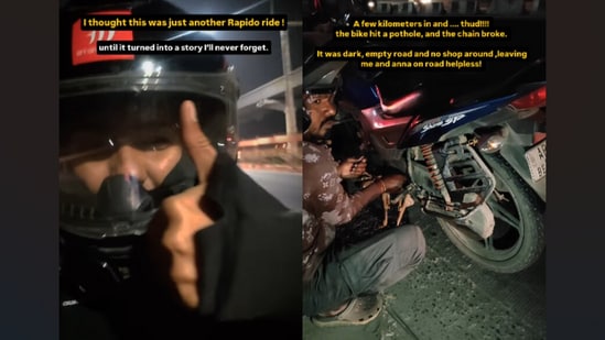 A Bengaluru woman’s late-night journey turned memorable when a Rapido rider fixed a broken chain and ensured she reached home safely at 1 am. (Instagram/ashamane_)