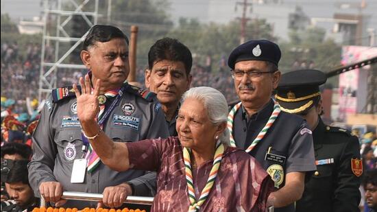 Uttar Pradesh governor Anandiben Patel at the inauguration of the National Jamboree of Bharat Scouts and Guides in Lucknow on Monday. (Mushtaq Ali/HT)