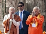 Prime Minister Narendra Modi, with Rashtriya Swayamsevak Sangh (RSS) Chief Mohan Bhagwat, greets during the Dwajarohan Utsav at Shri Ram Janmabhoomi Mandir, in Ayodhya on Tuesday. 