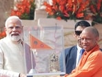 Chief minister Yogi Adityanath presens a memento to Prime Minister Narendra Modi at the Ram temple in Ayodhya. (Deepak Gupta/HT) Chief minister Yogi Adityanath presens a memento to Prime Minister Narendra Modi at the Ram temple in Ayodhya. (Deepak Gupta/HT)