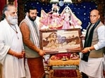 Defence minister Rajnath Singh with Haryana chief minister Nayab Singh Saini and Swami Gyananand Maharaj at Geeta Gyan Sansthanam during his visit to Kurukshetra on Monday. (@NayabSainiBJP) Defence minister Rajnath Singh with Haryana chief minister Nayab Singh Saini and Swami Gyananand Maharaj at Geeta Gyan Sansthanam during his visit to Kurukshetra on Monday. (@NayabSainiBJP)