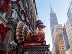 Decorations for Macy's Thanksgiving Day Parade and the holidays are installed outside Macy's Herald Square.