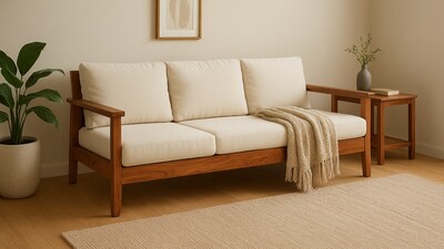 A wooden sofa anchors a cosy corner, adding natural texture and grounded comfort that suits simple spaces and detailed settings. (AI generated) A wooden sofa anchors a cosy corner, adding natural texture and grounded comfort that suits simple spaces and detailed settings. (AI generated)