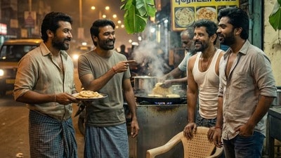 <p>మరొక ఏఐ పిక్ లో సూర్య, ధనుష్, విక్రమ్, సిలంబరసన్ (శింబు) ఇడ్లీ కొట్టు దగ్గర ఇలా ముచ్చట్లు చెప్పుకుంటున్నారు. </p> (Instagram: HooHoo/hoohoocreations80)
