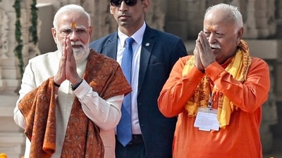 Prime Minister Narendra Modi, with Rashtriya Swayamsevak Sangh (RSS) Chief Mohan Bhagwat, greets during the Dwajarohan Utsav at Shri Ram Janmabhoomi Mandir, in Ayodhya on Tuesday. (ANI) Prime Minister Narendra Modi, with Rashtriya Swayamsevak Sangh (RSS) Chief Mohan Bhagwat, greets during the Dwajarohan Utsav at Shri Ram Janmabhoomi Mandir, in Ayodhya on Tuesday. (ANI)