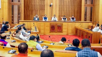 Assam chief minister Himanta Biswa Sarma participates in the NDA Legislature Party meeting, in Guwahati on Tuesday. (ANI)
