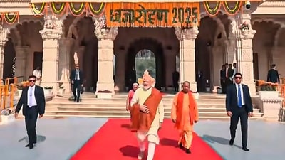 Prime Minister Narendra Modi at the premises of the Ram Temple before the Dhwaj Arohan ceremony, in Ayodhya, Uttar Pradesh. (@NarendraModi) Prime Minister Narendra Modi at the premises of the Ram Temple before the Dhwaj Arohan ceremony, in Ayodhya, Uttar Pradesh. (@NarendraModi)
