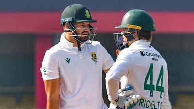 Ryan Rickelton (35) and Aiden Markram (29) added 59 for the opening stand before left-arm spinner Ravindra Jadeja (4-62) removed both. (PTI) Ryan Rickelton (35) and Aiden Markram (29) added 59 for the opening stand before left-arm spinner Ravindra Jadeja (4-62) removed both. (PTI)