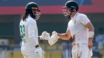 Tristan Stubbs (94 off 180) and Tony de Zorzi (49 off 68) frustrated India’s spinners, guiding South Africa to 260/5 before declaring, and setting the hosts an enormous target to chase. (PTI) Tristan Stubbs (94 off 180) and Tony de Zorzi (49 off 68) frustrated India’s spinners, guiding South Africa to 260/5 before declaring, and setting the hosts an enormous target to chase. (PTI)