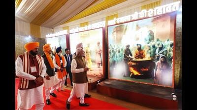 Prime Minister Narendra Modi with Haryana governor Ashim Kumar Ghosh and chief minister Nayab Singh Saini during a programme organised to mark the martyrdom anniversary. (PMO) Prime Minister Narendra Modi with Haryana governor Ashim Kumar Ghosh and chief minister Nayab Singh Saini during a programme organised to mark the martyrdom anniversary. (PMO)
