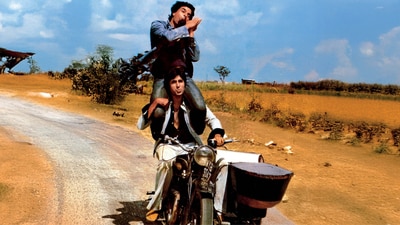 Amitabh Bachchan and Dharmendra in the song Yeh Dosti from Sholay.