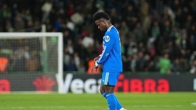 Vinicius Junior reacts after the Spanish La Liga soccer match between Elche and Real Madrid. (AP) Vinicius Junior reacts after the Spanish La Liga soccer match between Elche and Real Madrid. (AP)