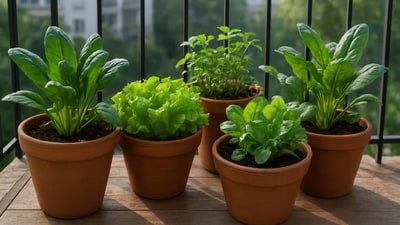 Fresh pots of winter greens brighten a balcony as spinach, methi and lettuce grow in the cool light of morning. (Ai Generated) Fresh pots of winter greens brighten a balcony as spinach, methi and lettuce grow in the cool light of morning. (Ai Generated)